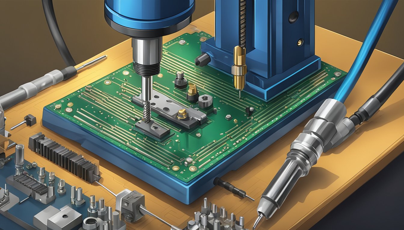 What Are Micro Drill Bits Used For: Essential Guide to Precision Machining and Electronics Work 5 A close-up of a precision drill press with micro drill bits drilling into a small electronic circuit board